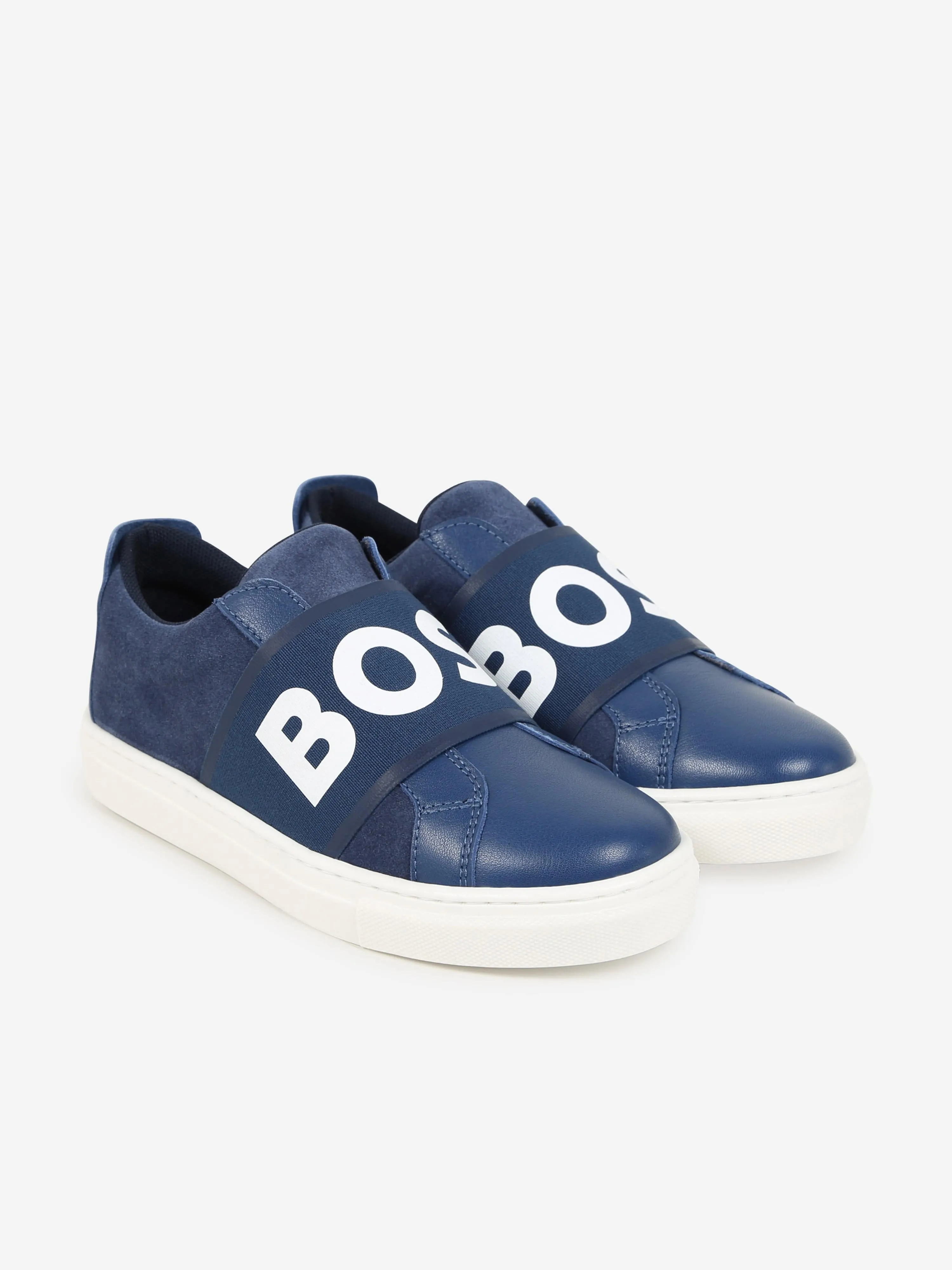 BOSS Boys Leather Logo Trainers in Blue
