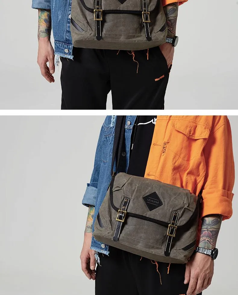 Casual Waxed Canvas Leather Mens Navy Blue Side Bag Messenger Bags Waxed Canvas Courier Bag for Men