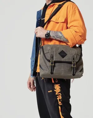 Casual Waxed Canvas Leather Mens Navy Blue Side Bag Messenger Bags Waxed Canvas Courier Bag for Men