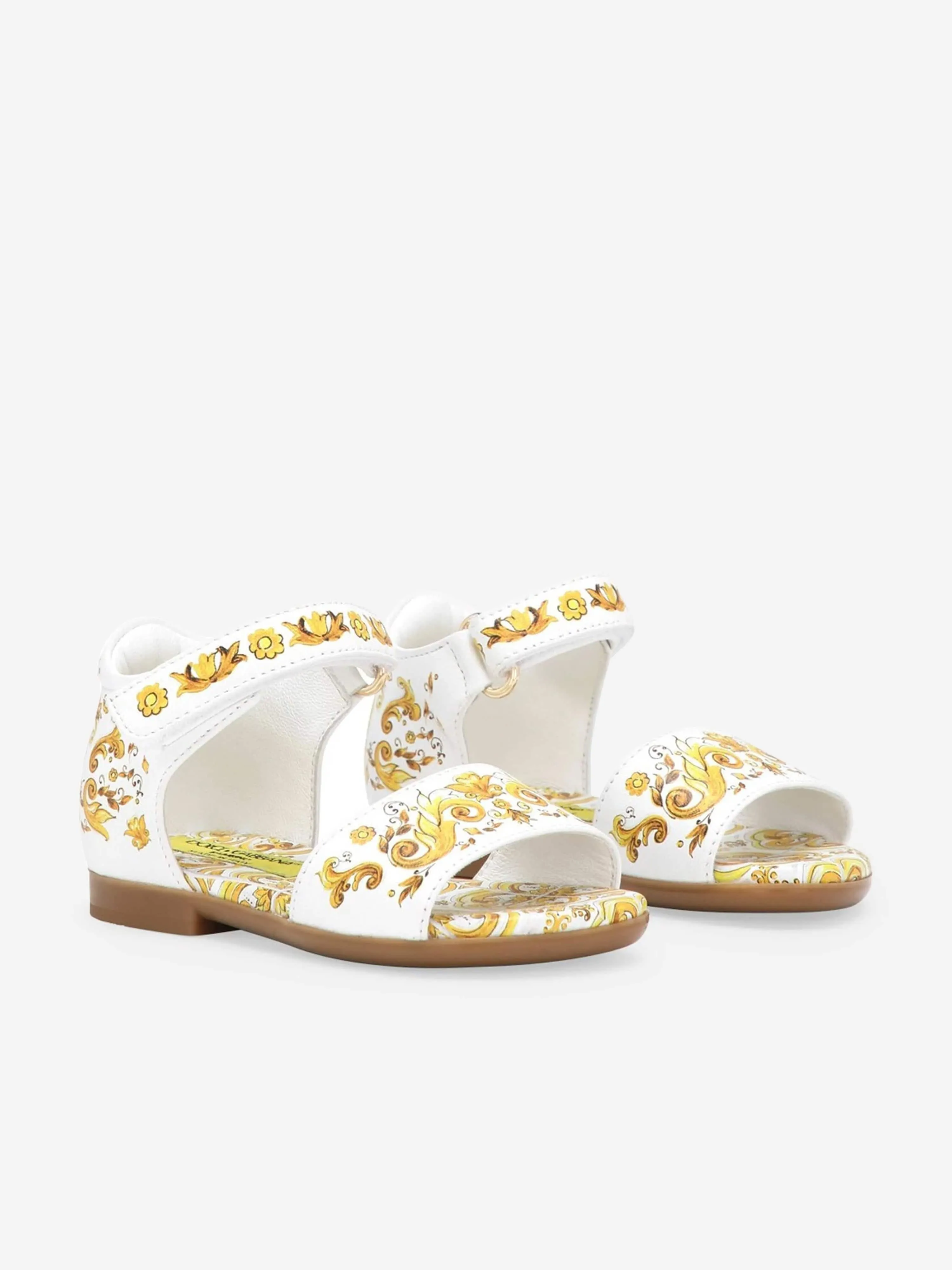 Dolce & Gabbana Girls Leather Maiolica Sandals in Yellow