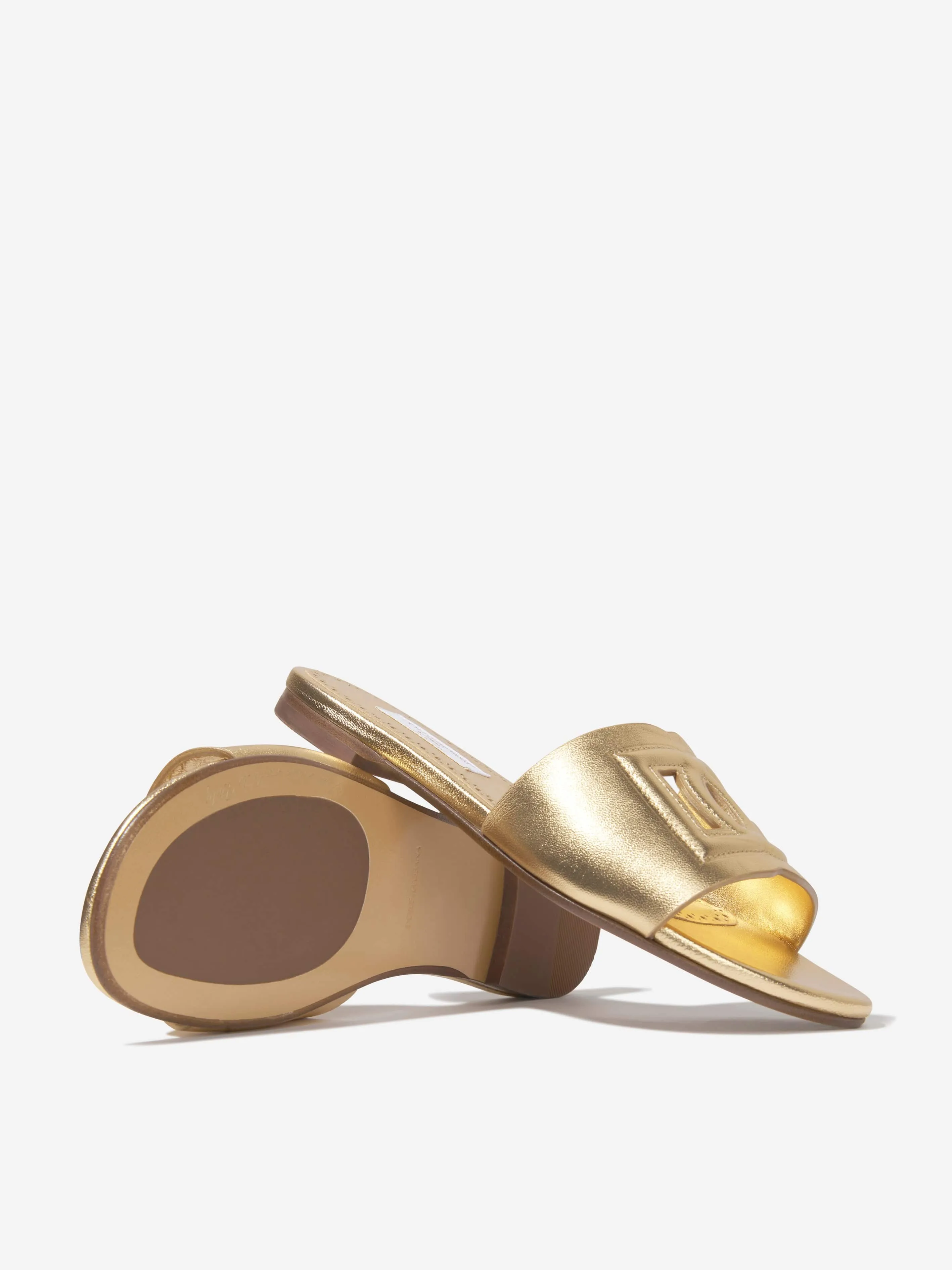 Girls Leather Logo Slider Sandals In Gold