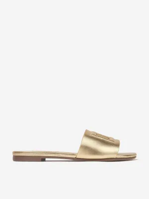 Girls Leather Logo Slider Sandals In Gold