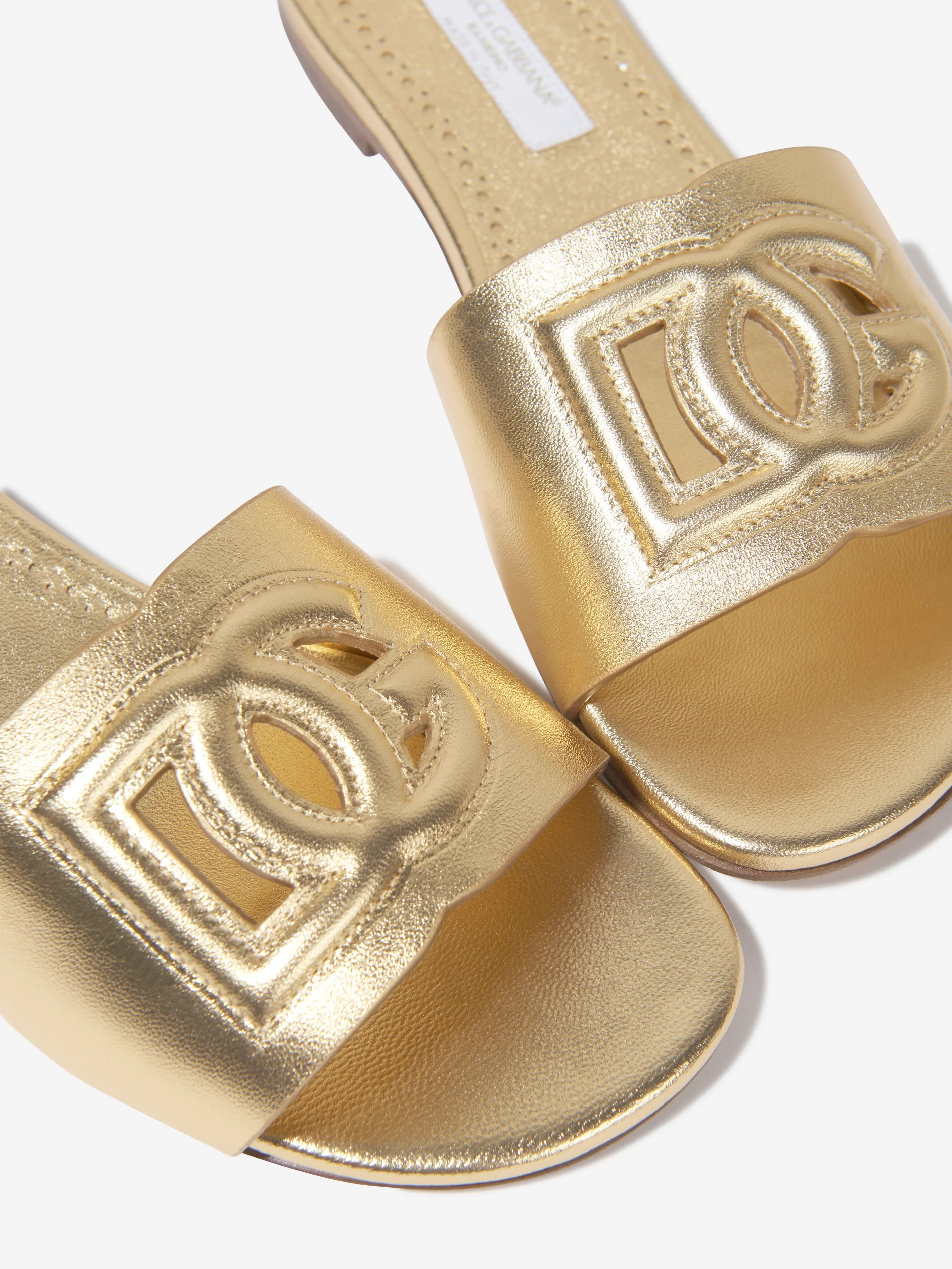 Girls Leather Logo Slider Sandals In Gold