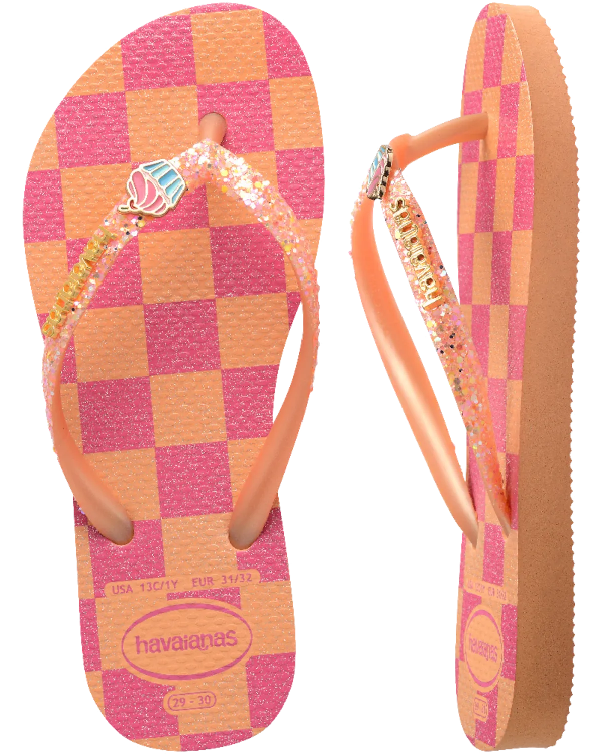 Havaianas Shoes Girls Slim Glitter Trendy Flip Flops in Peach